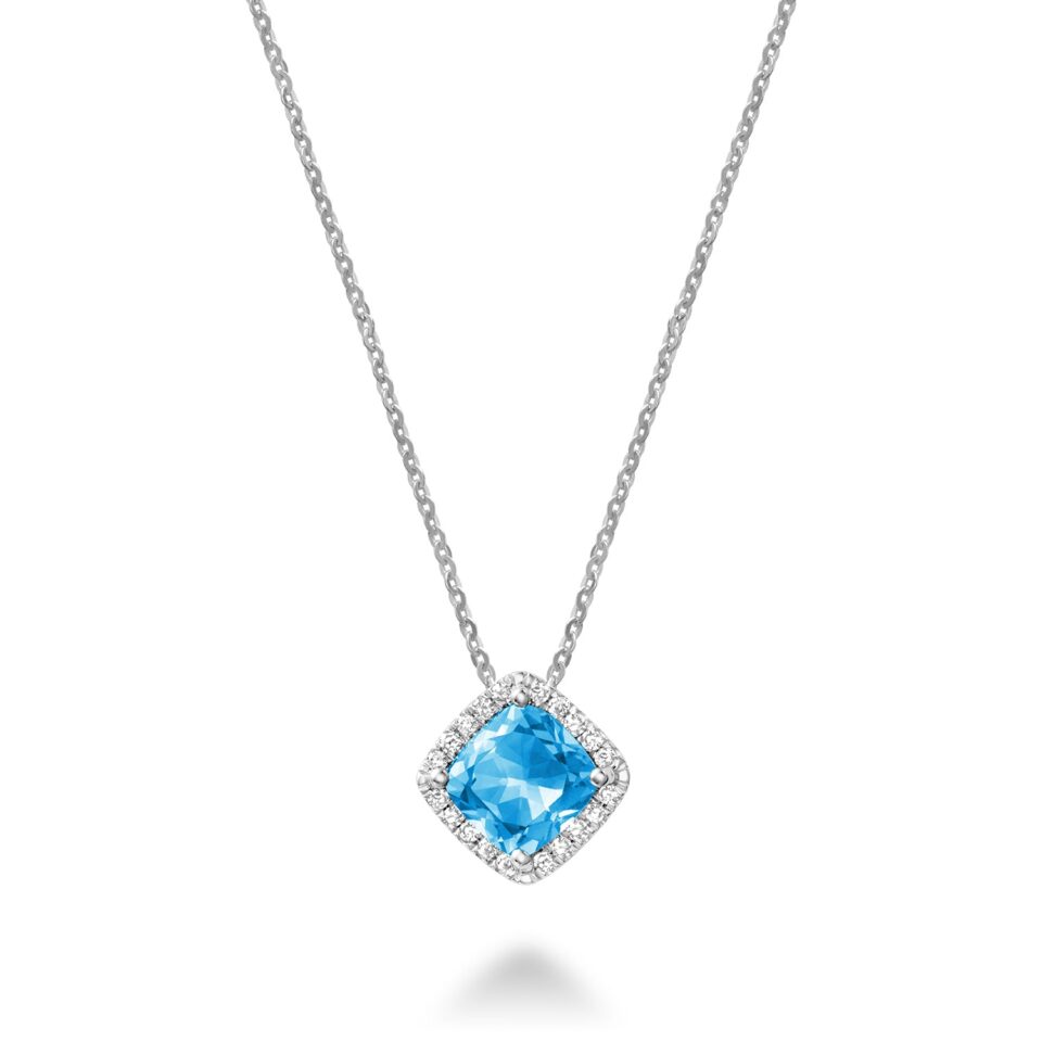 Collier et pendentif carré topaze bleue en coussin et halo de diamants